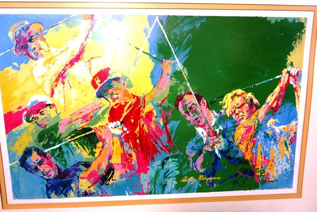 LeRoy Neiman " Golf Champs signed print: Signed Print LeRoy Neiman " Golf Champs" BEN HOGAN, LEE TREVINO, SAM SNEAD, GARY PLAYER, ARNOLD PALMER, JACK NICKLAUSFramed in the USA, 28" T x 43" L Frame, 20" x 30" Print Good condition , together w