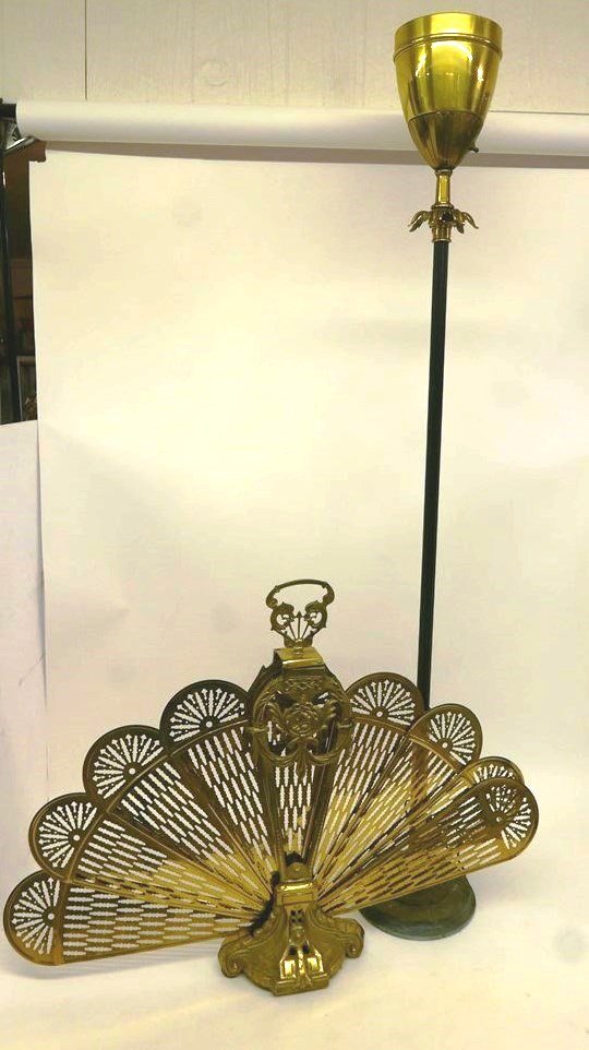 Vintage Floor Lamp & Fireplace Screen: Vintage floor lamp with brass plated urn form shade over a fluted steel column, brass plated base, 62"H, folding fan form brass fireplace screen 28"H