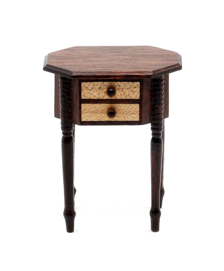 Wolfert Dollhouse Artisan Sewing Table: Signed Wolfert New England style Sheraton sewing stand, mahogany case with turned legs, top with thumb molding, figured maple drawer fronts 2.5"H, 2"W, 1.5"D