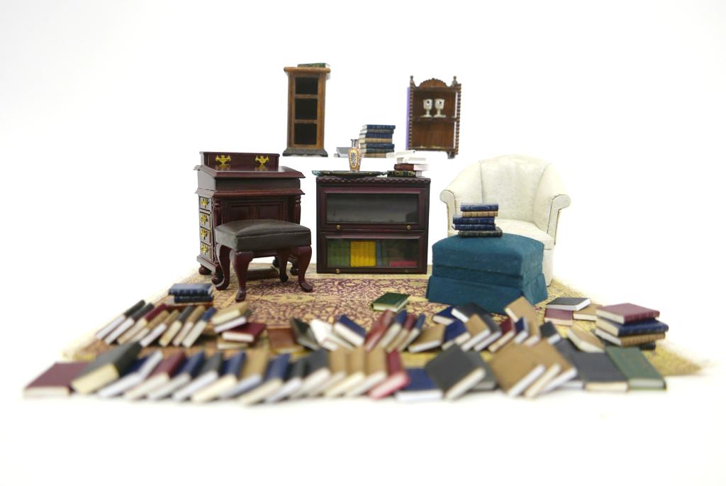 Davenport Style Captains Desk & Parlor Furniture: Nice assortment of commercial dollhouse furniture, Keshishian silk Tabriz style rug 7" by 10", Bespaq upholstered arm chair with a M. Hart upholstered footstool, Davenport style Captains desk with ope