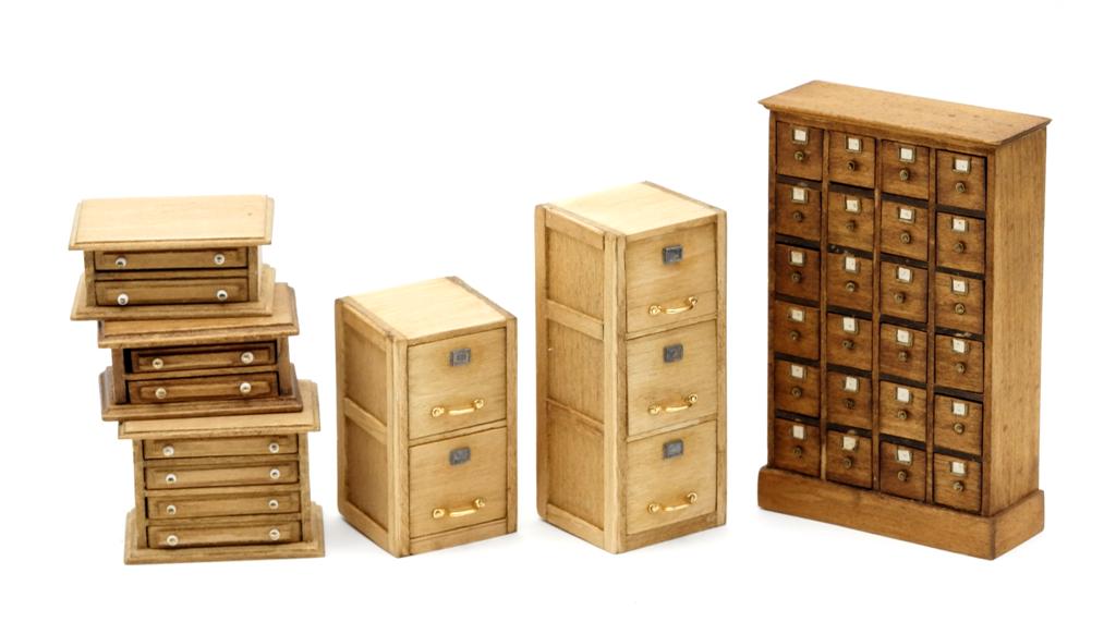Jim Gans Dollhouse Store & Office Fixtures: Jim Gans artisan wood dollhouse accessories, 24 drawer filing cabinet 2.75"W, 4.25"H, 2 and 3 drawer filing cabinets, pair of 2 drawer spool cabinets and a 4 drawer spool cabinet 2"W