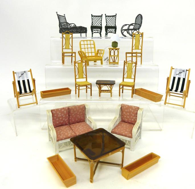 Dollhouse Patio and Porch Furniture: Four piece wire patio set with daybed 4"L, two side chairs and a rocking chair, rattan set has table with smoked top 3.5" square, four chairs and two side tables, oversized upholstered rattan loveseat