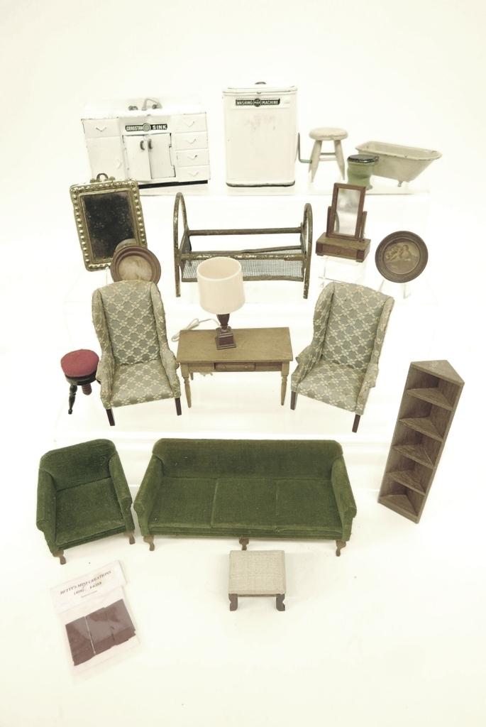 Bernhard, Evans, Marx, Dollhouse Furniture & Accs..: Nice grouping of older items, Shackman upholstered sofa 7.25"W with matching side chair and sofa table 4"W, antique ormolu mirror 2.5" by 3.5", early brass plated bed with lots of wear, pair of signed