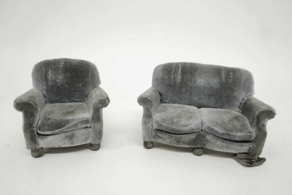 Sandra McKnight Distressed Loveseat & Chair: Two fun pieces from Sandra McKnight of Barnwell S.C., distressed worn loveseat 4.75"W and matching armchair