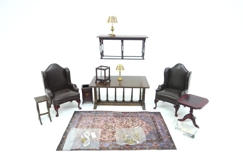 Bespaq Dollhouse Living Room Furniture: Group of Bespaq includes a pair of upholstered wing chairs 4.5"H, sofa table 5.5"L, refectory table 3.25" by 5.5" by 2.5"H, side table, tilt top table, small display case and umbrella stand, also incl