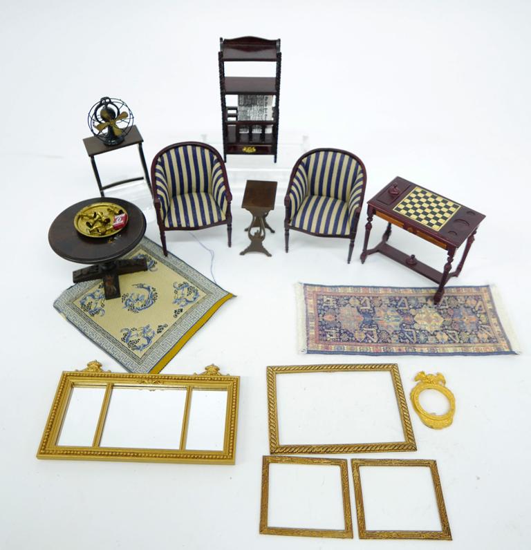 Dollhouse Parlor Furniture & Accessories: Pair of Bespaq upholstered tub chairs 3"H, game table 3"L, pair of nested tables, small bookshelf 4"H, nicely detailed metal fan, over mantel mirror 4.75"W, four cast metal frames, silk needlework fra