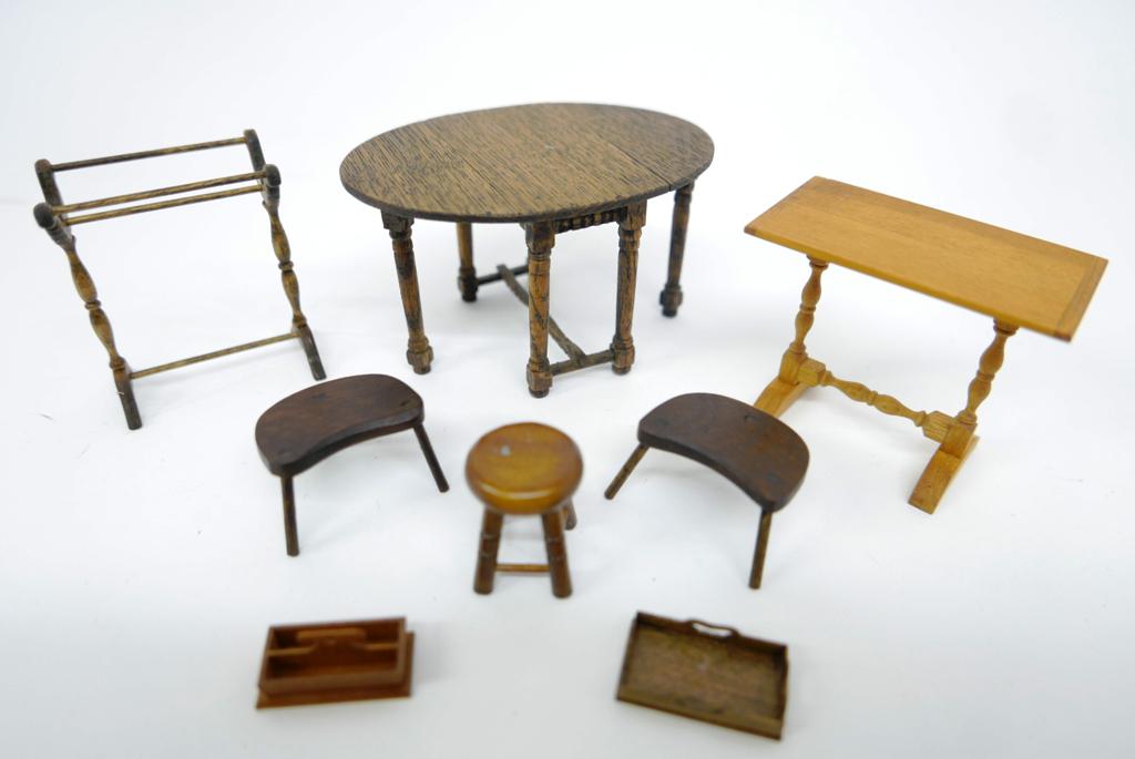 Dick, Krupick, Boorum Artisan Furniture: Misc. artisan made small pieces, oak gate leg table with illegible mark 3.25" by 4.5" opened by 2.5"H, Warren Dick cherry table with clear stain 3"W, quilt stand signed BK DK for Barbara and David Kru