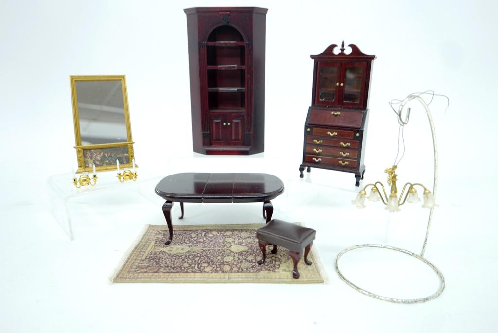 Dollhouse Dining Room Furniture: Dollhouse commercial furniture includes a corner cabinet 7.5"H, 4.25"W, dining room table with extra leaf, slant lid desk with bookcase 7"H, stool, electrified five arm brass chandelier with frosted s