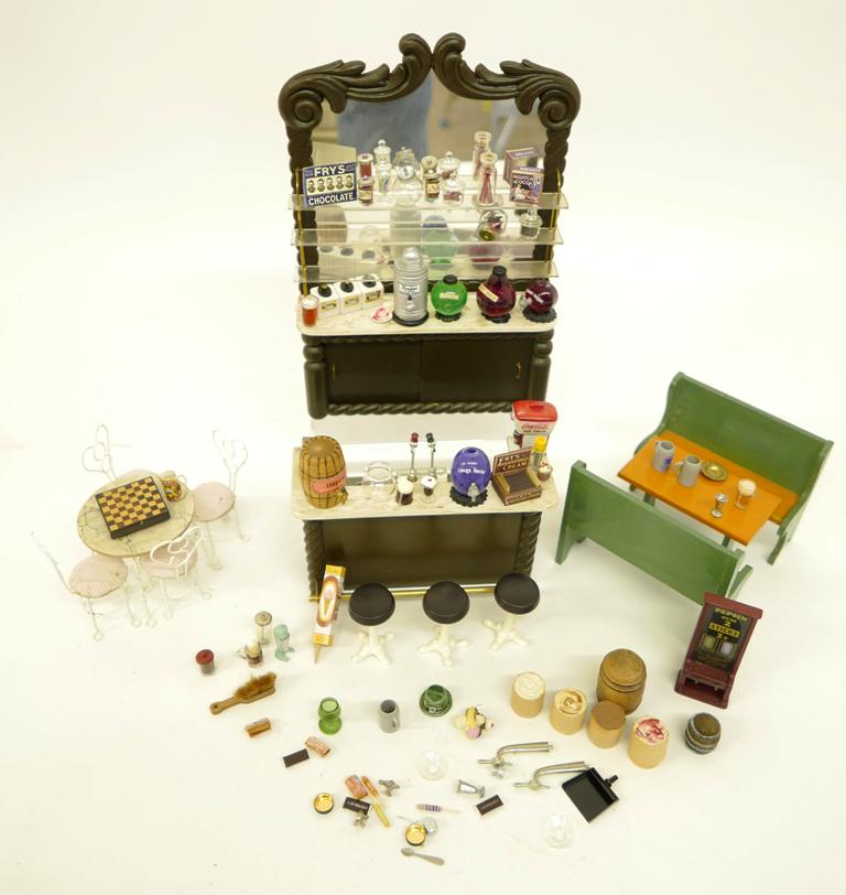 Dollhouse Ice Cream Shop Fixtures Bufton & Accessories: Mary Elizabeth soda fountain counter with brass footrest and three metal and wood stools 6.5"L, matching counter with mirror and shelves 7"W, 10"H, painted wood table with two matching benches 4.75"L,