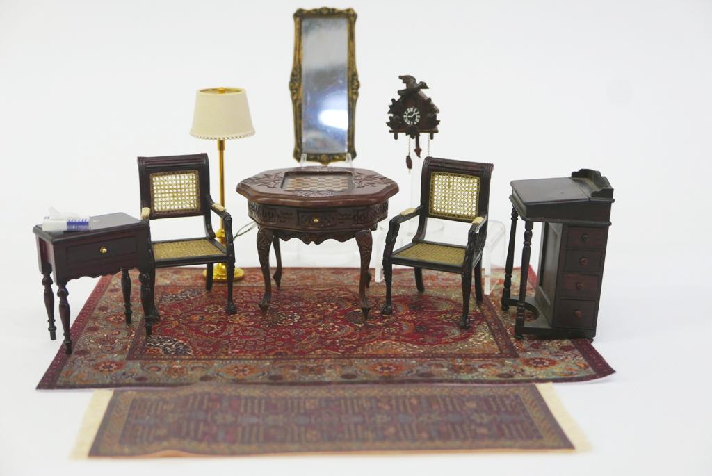 Dollhouse Parlor Furniture & Accessories: Nice grouping of commercial dollhouse furniture, pair of Bespaq woven chairs with swan head arms 3.25"H, Davenport style desk 3.5"H, single drawer side table, over mantel mirror 4"L, solid brass elect