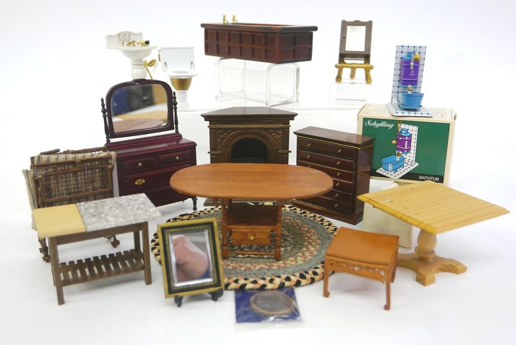 Assorted Dollhouse Furniture & Fixtures: Assorted dollhouse items include C's kitchen island with hinged cutting board 3.5"L, Bespaq Chinese Chippendale style end table, convertible oval table 5.75"L, Dan-Dy square wood table, nicely detaile