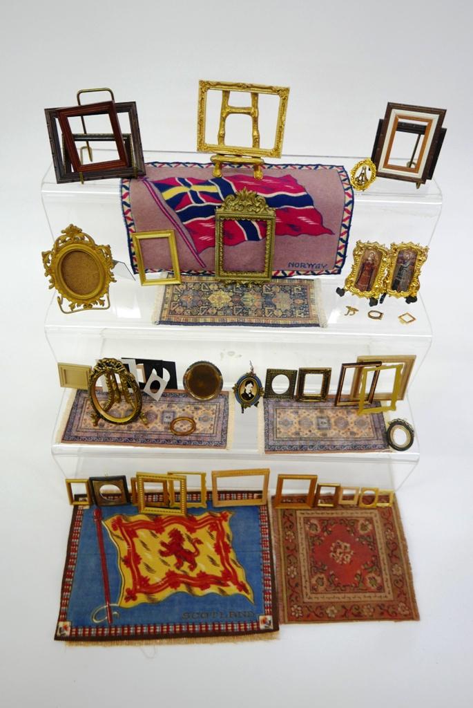 Dollhouse Assorted Picture Frames & Rugs: Nice assortment of dollhouse scaled frames made of brass, resin, wood and plastic, 3 commercial runners and area rug, 2 antique cigar box flag rugs