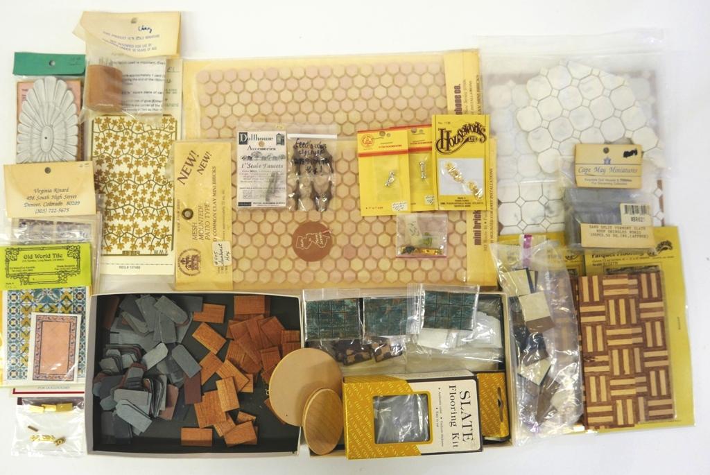 Lot of Dollhouse Building Supplies: Nice assortment of parquet flooring, wood and clay tiles, grout, doorknobs, locks, ceiling medallion etc.