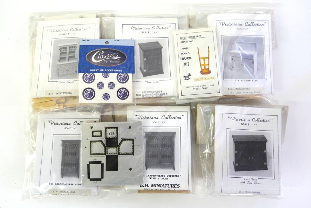 Dollhouse Furniture Kits: Six sealed furniture kits from B.H. Miniatures to make a china closet, kitchen sink, cabinets and bookcases, also includes a hand truck kit and 2 small kits