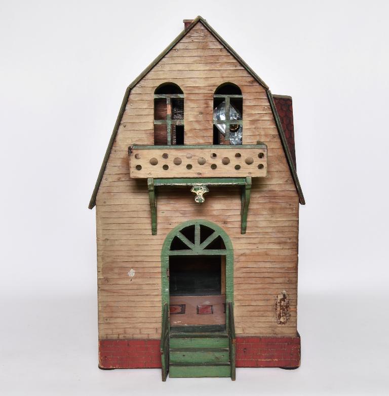 Hand Made 1920's Colonial Dollhouse: Antique circa 1920's hand made dollhouse, hand painted shingles on roof, two hinged sections on first floor front open for access to two rooms, hinged roof for second floor double rooms access, nice o