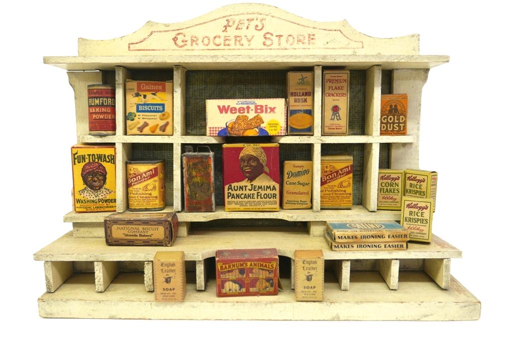 Antique Toy Grocery Store Toy Dollhouse: Pet's Grocery Store stenciled and painted early 20th century toy store display 19"W, 5"D, 14"H contains a nice selection of vintage and antique small advertising boxes and cans