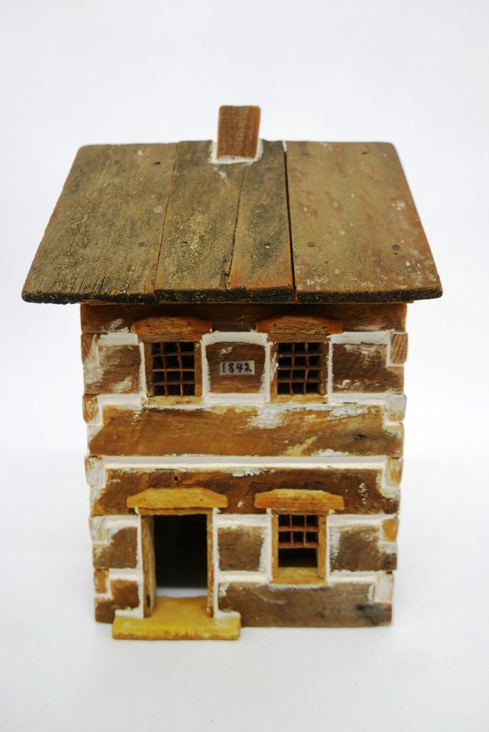 Artisan Two Store Log Cabin: Nicely detailed small two story log cabin made from old recycled woods, wide board and plaster construction, not signed but made by same artist as #83, no interior floors, 9.5"W, 8.75"D, 14.5"H