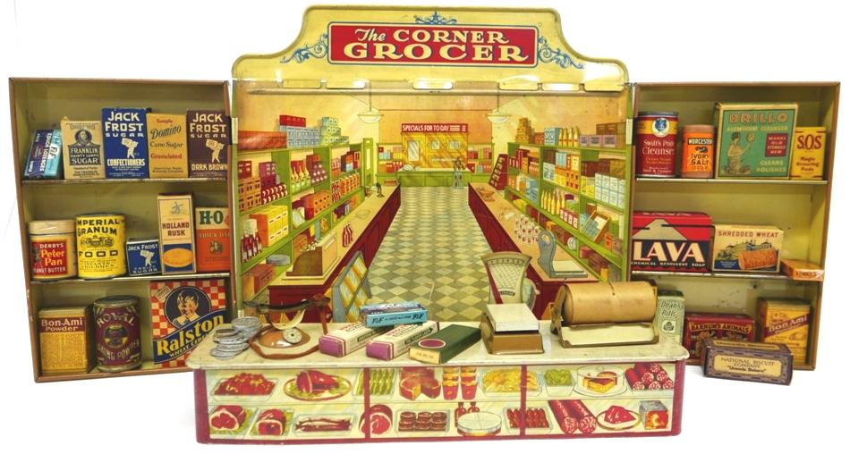 Wolverine Litho Tin Toy Grocery Story: Vintage Wolverine litho tin grocery store with original sign and counter, 19"W, 8"D, 14.5"H assembled, folds flat for storage, includes an interesting assortment of colorful advertising boxes and cans