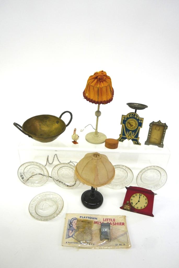 Vintage Dollhouse Miniatures: Vintage German litho tin store scale 3.5"H, World War litho tin advertising bank for War Savings Stamps 2.5"W, five clear glass ice cream plates with alphabet around rim 2.75"D, very early copper pan 
