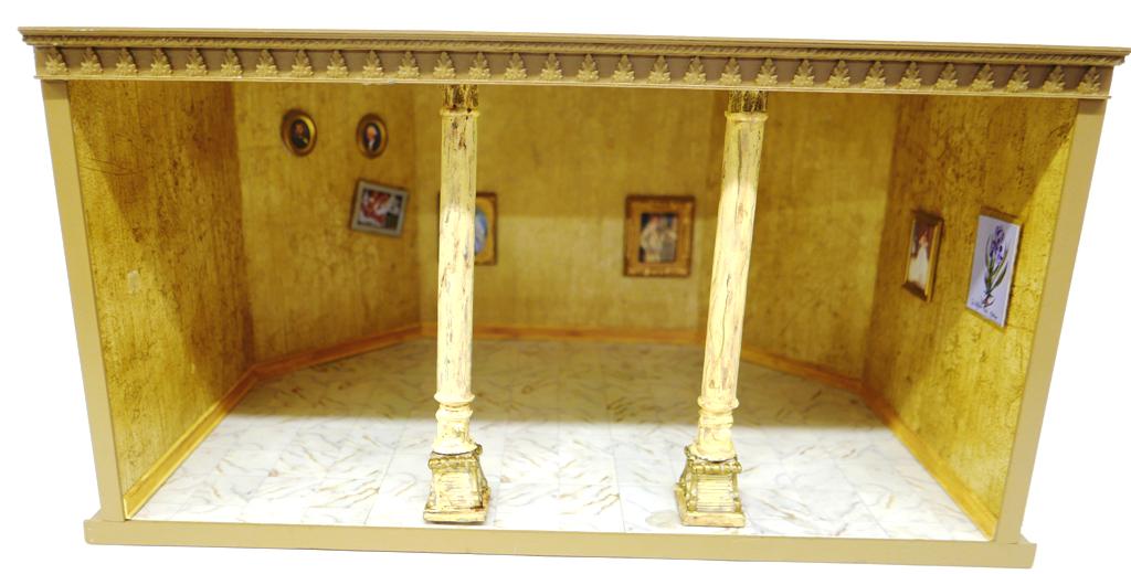 Formal Living Room Box Dollhouse: Small wood room box, painted wood siding exterior, acanthus leaf molding under roof line, seven electric lights in ceiling, removable painted columns, faux marble flooring, 20"W, 13.5"D, 10.5"H
