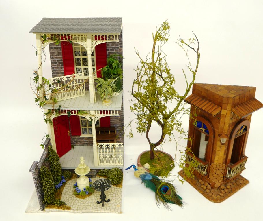 Two Small Dollhouse Vignettes: Small European dollhouse corner room, exterior covered with wood shingles and clay "stones", two arched windows with tin and wood railings 7"W, 12.5"H, two story porch vignette has wood columns, floor