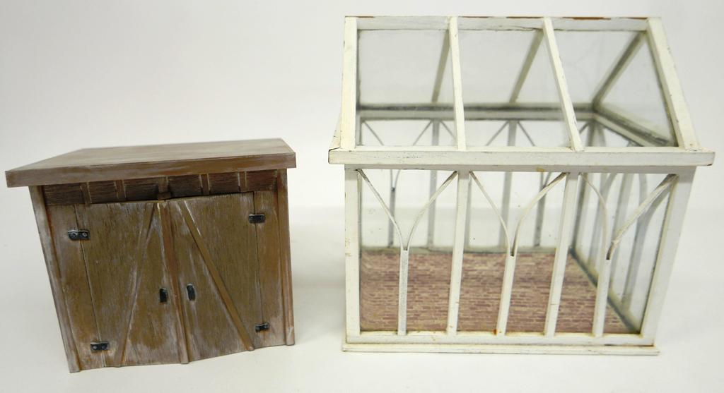 Dollhouse Greenhouse & Shed: Wood and glass small greenhouse with removable roof 12"L, dollhouse gardening shed with distressed paint finish, double hinged doors 8.25"W