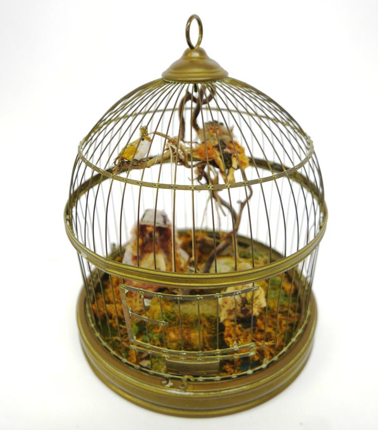 Dollhouse Fairy Diorama Birdcage: Cute fairy themed diorama made inside a vintage brass plated birdcage with removable lid, contains four artisan fairies, 11"D, 13"H