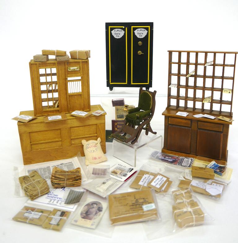 Dollhouse Store Or Post Office Miniatures: Wood double door painted safe on rollers with fitted interior 3 3/8"W, 5"H, store counter with cubby holes 4.25"W, 6.75"H, store counter 5.5"W with open back, letter window 3.5" square, F. Gerratana b