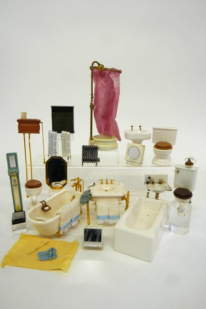 Three Dollhouse Bathroom Fixture Sets: Dollhouse ceramic tub, sink and toilet set with brass and wood trim, ceramic set with wood toilet seat, Ron Bufton shower with shower curtain set, tin and plastic toilet and sink with distressed finis