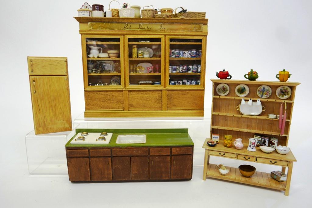 Hank Taylor Pewter Cupboard & Other Miniatures: Hank Taylor pewter cupboard with waxed finish 5.75"W, 7"H, also includes a commercial all wood refrigerator 5.25"H, Red Rooster Inn triple cabinet by Houseworks loaded with accessories 9.5"W, 7.5"H wi