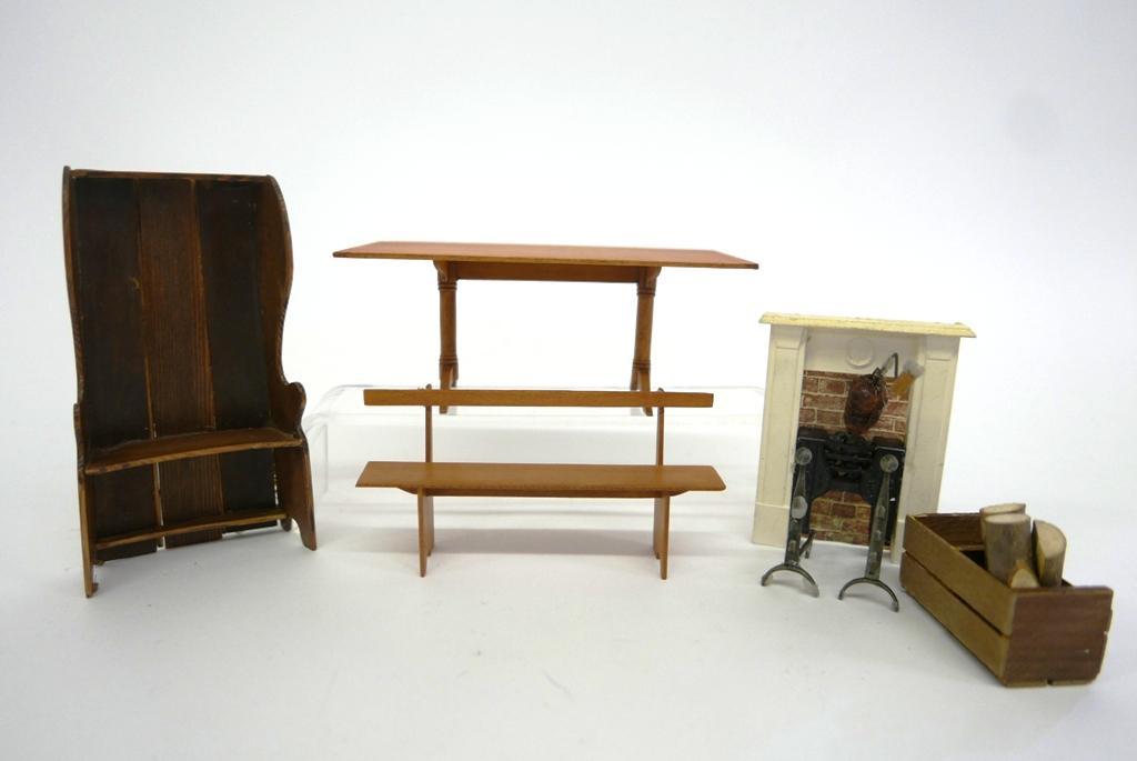 George Hoffman Dollhouse Dining Room Furniture: George Hoffman trestle table with breadboard ends 6"L, 3 1/8"W, 2.5"H, matching bench needs top board reglued, unsigned barrel back bench 5.5"H, unsigned wood box with logs, cast resin fireplace and a