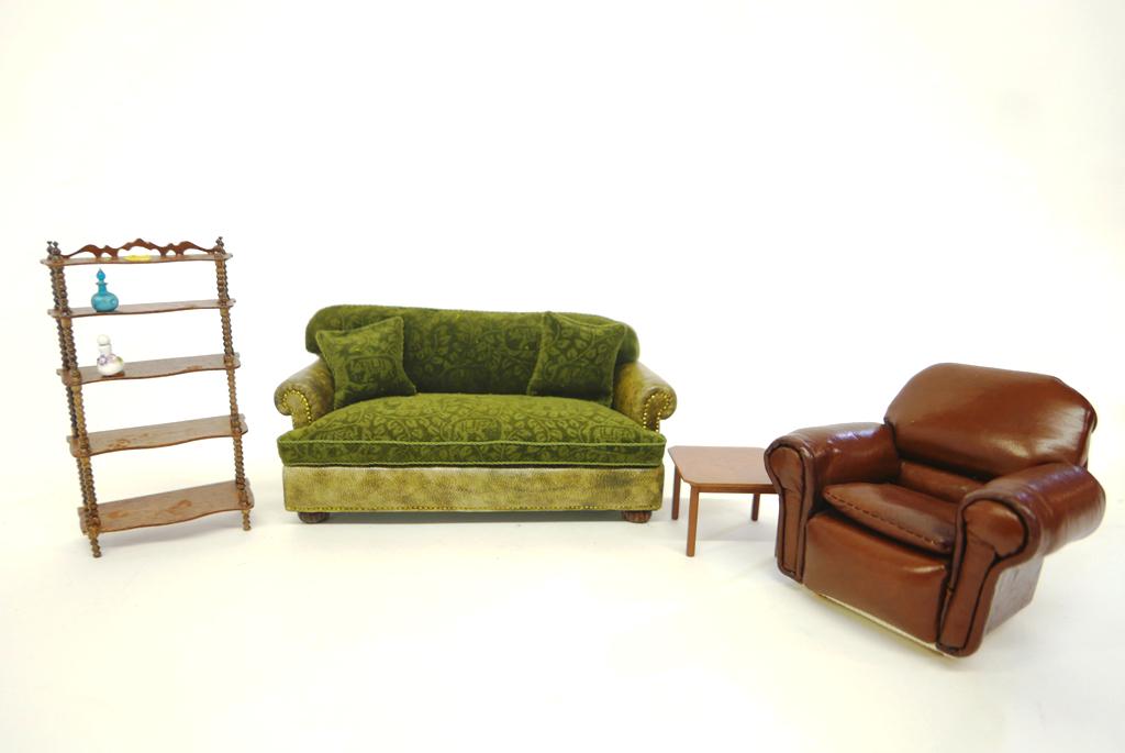 Lynn Whisenant Dollhouse Sofa & Others: Lynne Whisenant artisan sofa with brass nail trim and elephant pattern fabric 6.5"L, also includes an overstuffed armchair with illegible signature, May Rogers coffee table with mirror matched mahogan