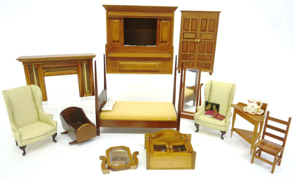 Assorted bought at Washington Museum Furniture: Unsigned alcove bed with built in blanket chest 7"W, 4.5"D, 6"H, Small Reflections "One Of A Kinds" wood fireplace mantel 5.75"W, 3.75"H, corner wash stand with pitcher and bowl, commercial armoire 5.