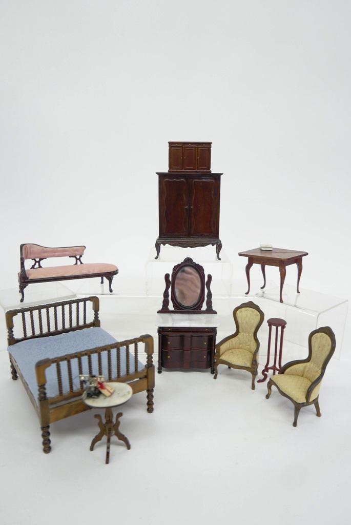 Dollhouse Commercial Furniture Miniatures: Dollhouse commercial bed 6.75"L, 5.25"W, armoire, marble top dresser with mirror, fainting couch, pair of Victorian style armchairs, marble top Victorian side table, plant stand, Collector Miniatures 