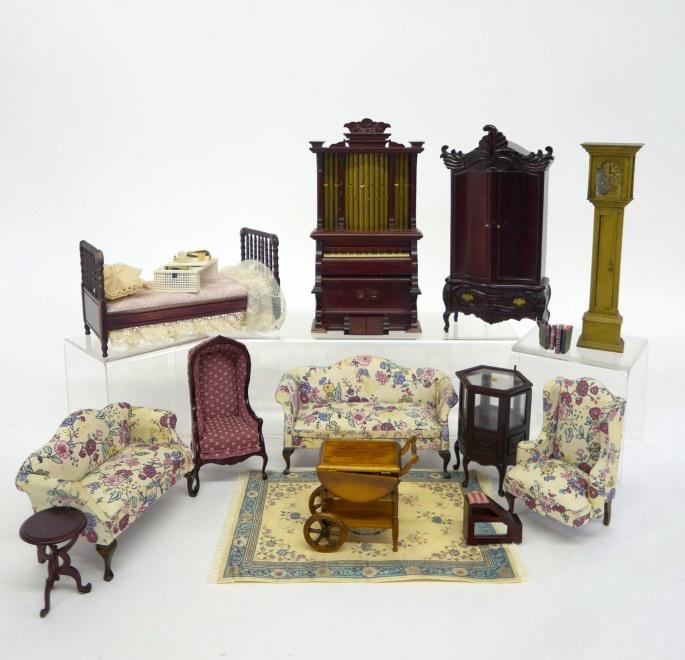 Large Lot of Dollhouse Furniture: Group of commercial dollhouse furniture, bed 6.5"L with breakfast tray, Bombay style armoire 8"H, Bespaq hall porter style hooded chair, pipe organ with damaged front feet, matching Classics sofa, lov