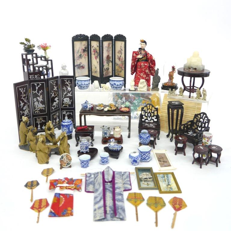 Oriental Dollhouse Furniture & Accessories: Dining Room table loaded with food 5"L, round table with shell inlay 3.25"D, etagere with vase and Bonsai tree 3"W, armchairs, end table , plant stand and four stools with shell inlay, hardwood screen