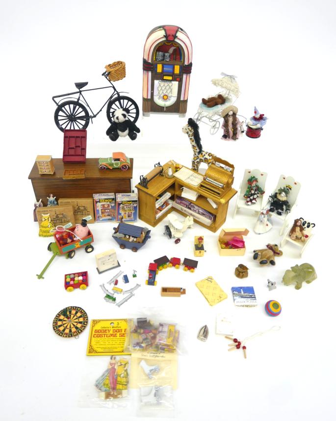 Dollhouse Toys & Toystore Displays: Very nice assortment of miniature toys including stuffed animals, dolls, board games, B. Hill artisan wood ark with animals 2.25"L, bicycle, airplane, stroller, carved stone elephant, wagon, toy car e