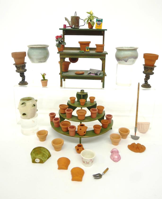 Dollhouse Planters & Gardening Supplies: Sir Tom Thumb demilune plant display rack 5.75"W, unsigned gardening workbench 4"W, pair of large artisan porcelain pots 2"D, strawberry jar, cast resin urns, assorted clay and ceramic pots