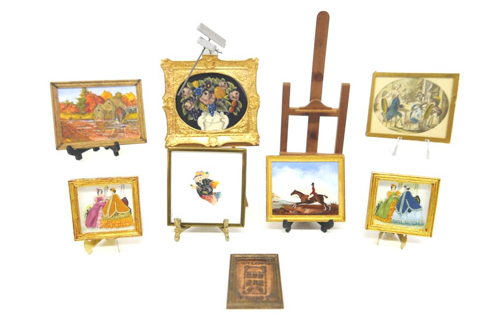Dollhouse Pictures & Easels: Paula White original painting of a mill 2" by 2.5", Therese Bahl printed theorem, vintage French card game scene, punched copper welcome sign, original equestrian painting signed Spice, pair of Jeanne