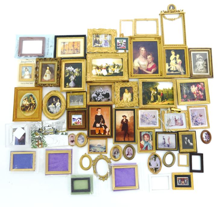 Large Lot of Dollhouse Pictures & Frames: Large assortment of dollhouse scale frames with portraits, photos, landscapes. Courting scenes, includes several by BK, McBay and Leeds