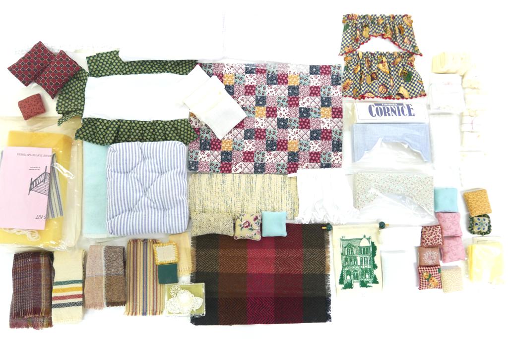 Assorted Dollhouse Linens & Fabrics: Large assortment of dollhouse scale fabrics include a quilt 6.75" by 9", dust ruffle, blankets, throws, lot of pillows, mattresses, tufted mattress kit, window valances and fabric