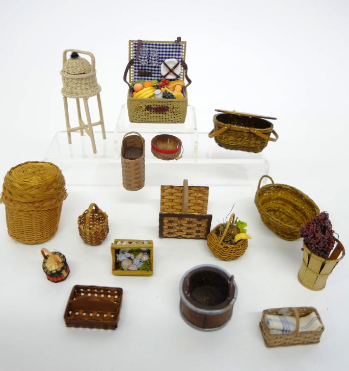 Al Chandronnait Dollhouse Baskets & Others: Three Chandronnait baskets include basket for steps, bushel basket with wood and wire handle and basket of linens with loose handle, Casey Rice sewing basket on stand, fully stocked picnic basket, dou