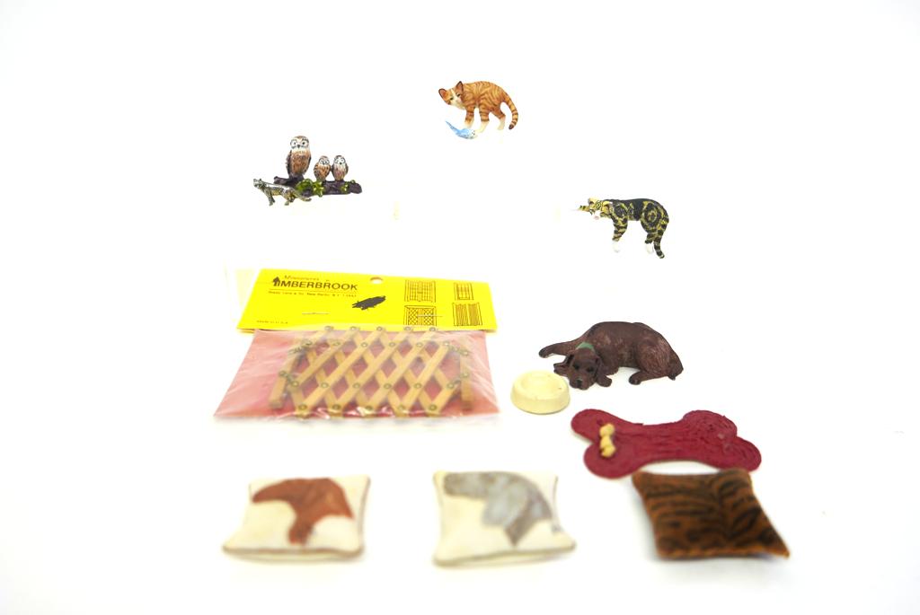Artisan Animals & Pets etc.: Artisan reclining cat signed DW 1.75"L, painted pewter owl grouping, silver fox, tiny artisan parakeet, PMD painted pewter sleeping dog, Jackie Transue bisque cat, pair of bjs pillows with hand painte