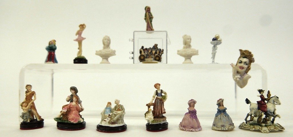Dollhouse Miniature Figurines & Decorations: Olszewski cast metal equestrian hawking statue 1 1/8"W, two bisque female busts, ceramic couple with illegible initials 7/8"H, five cast resin statues with brown painted bases, pair of D.N. Southern B