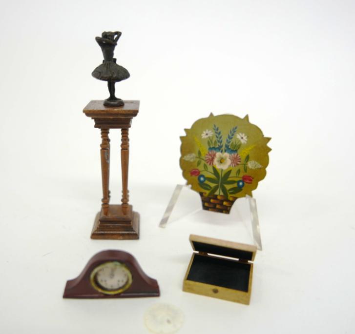 Dollhouse Wooden Artisan Accessories: Therese painted cherry fireplace screen 2"H, Mark Murphy bird's eye mahogany document box 1"W, D.W. working mantel clock needs battery, Judy Beals mahogany pedestal 2.5"H, Neil carter bronze ballerina