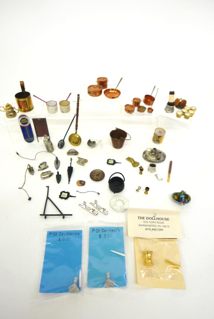 Assorted Dollhouse Metal Accessories: Dollhouse copper pots, pans and bed warmer, brass teapot and cups, enamel painted distressed pots, blenders, mortar and pestle, Jim Ison candlesticks etc.