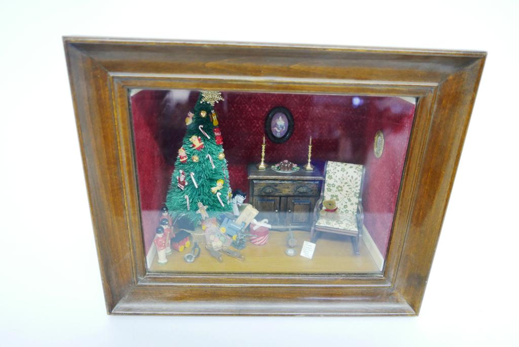 Small Christmas Dollhouse Room Box: Nicely made small hardwood room box with a hinged front for access, interior includes a vintage artisan sideboard signed "Christmas Morning By M & G Gudd" 3"W, mahogany rocking chair, bottle tree, sma