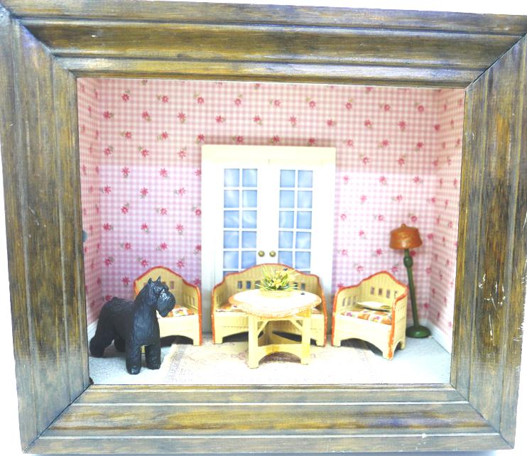 Small Room Box & Antique Furniture: Small stained hardwood room box with a hinged front, interior has faux French doors, wallpaper, crown and baseboard moldings, carpeting, hidden ceiling lighting that needs a new power cord, includes a