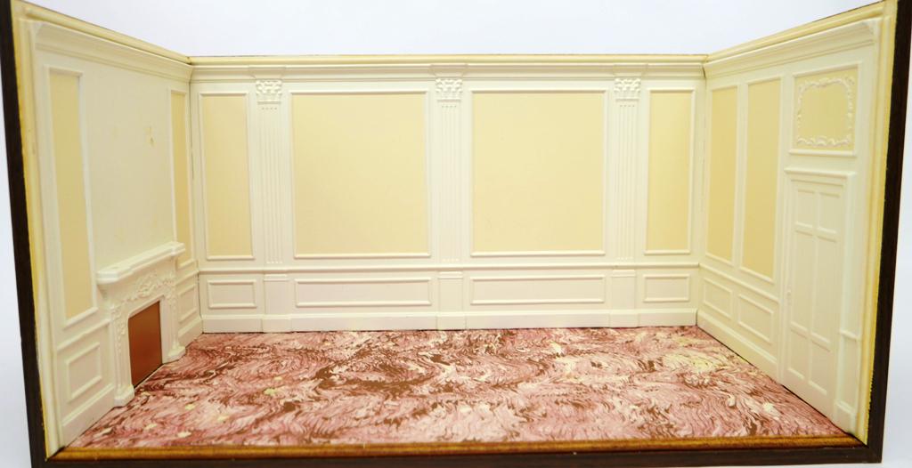 Goebel Chippendale Drawing Room Box: Vintage Goebel Miniatures Chippendale Drawing Room box with removable Plexiglas top and front, 22"W, 12"D, 12"H
