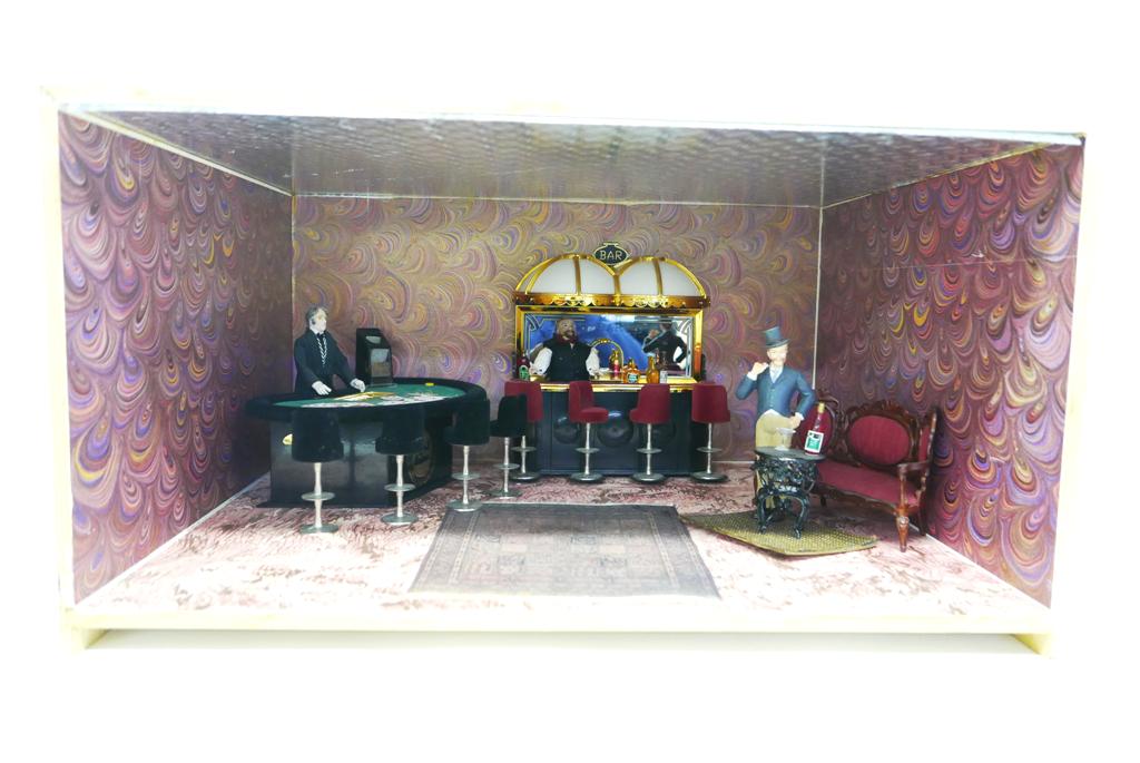 Dollhouse Casino Room Box: Well made plywood room box with paper covered floor and 1960's style wallpaper, includes a stocked bar and blackjack table with stools and accessories, area rugs, sofa, metal end table and two bisque